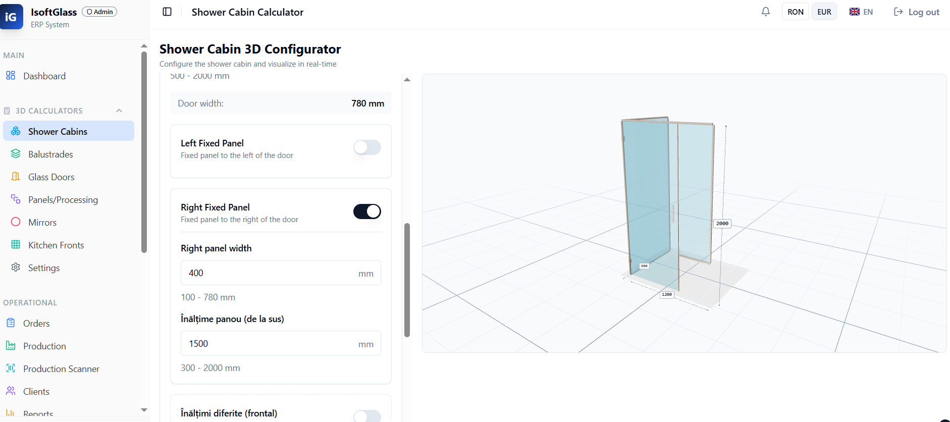 Configurator 3D cabină duș