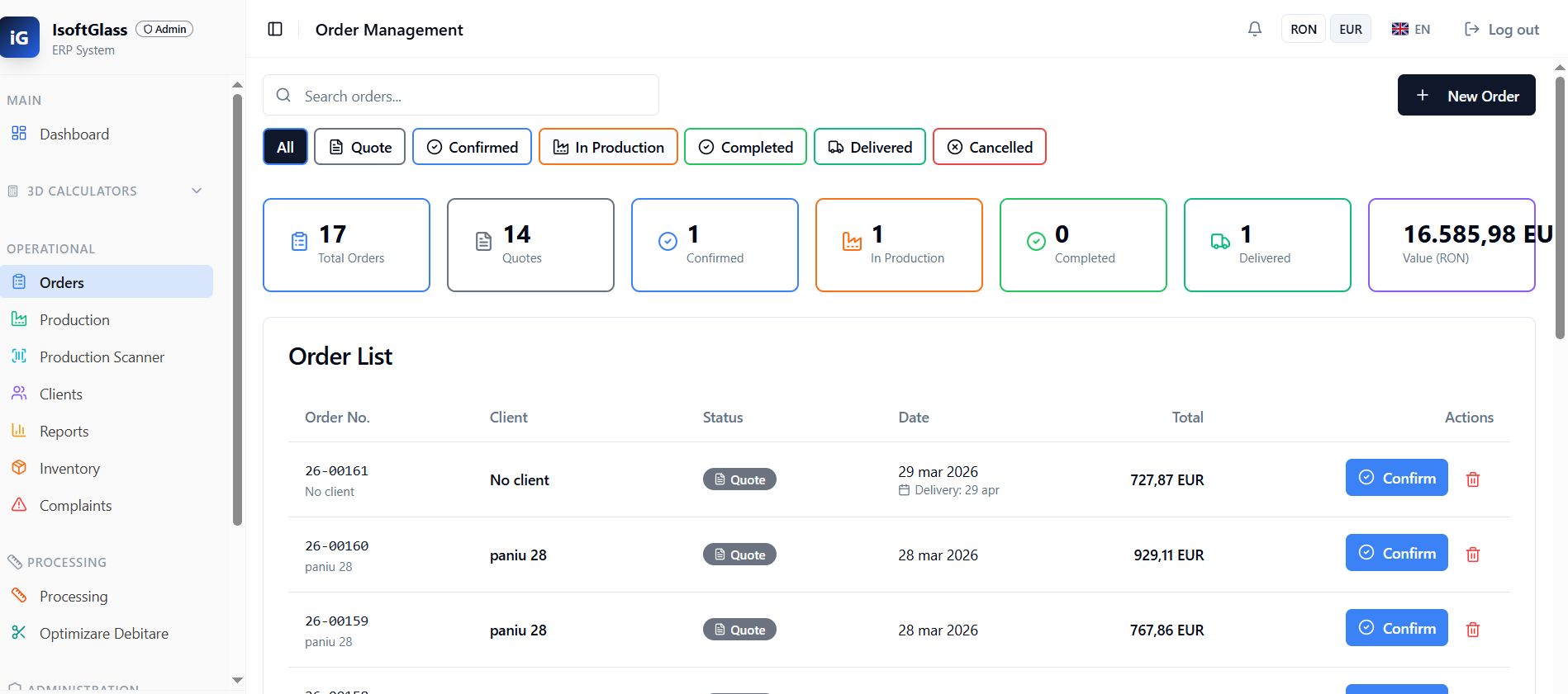 Panou de control producție